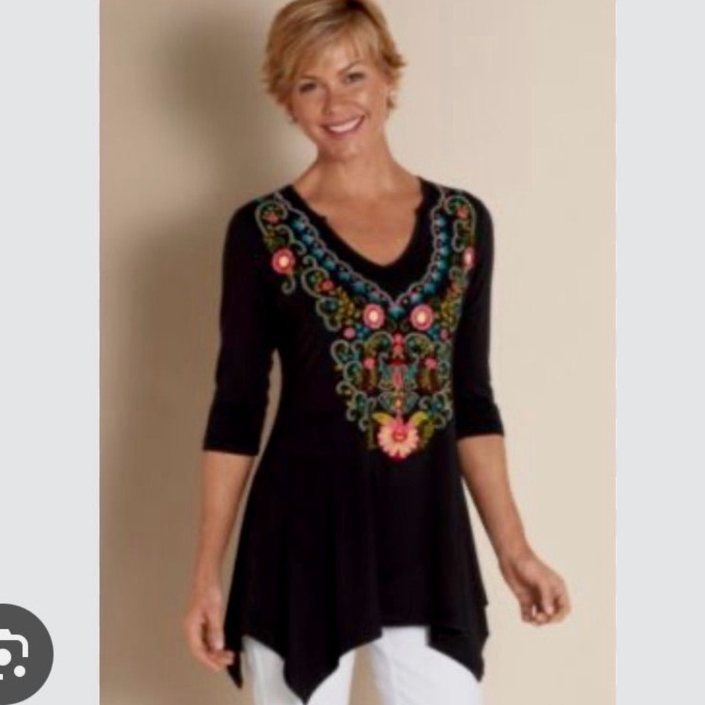 Soft Surroundings Adora Crotchet Embroidered Boho Tunic Top Sz L black